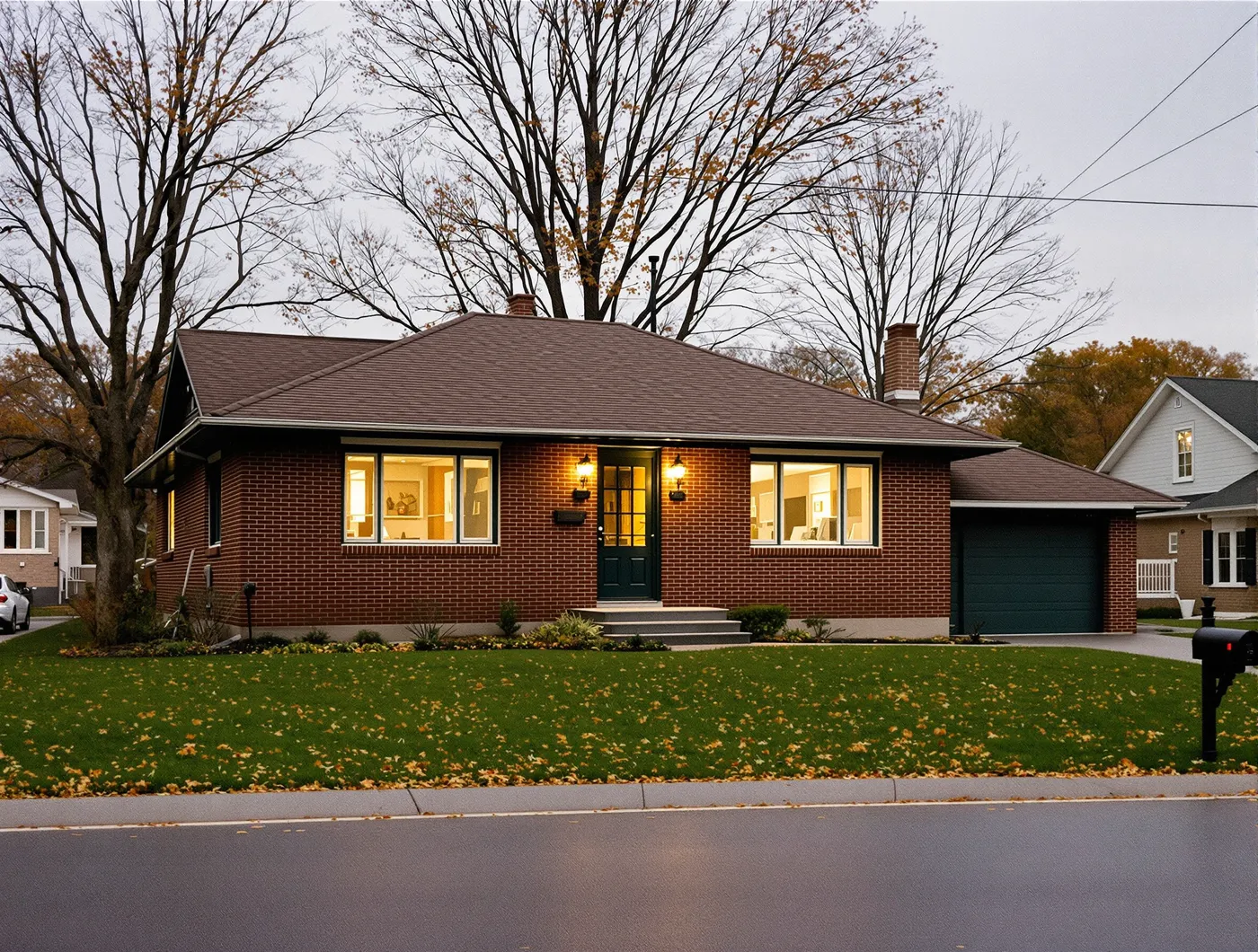 Bungalow de brique des années 1970 le soir